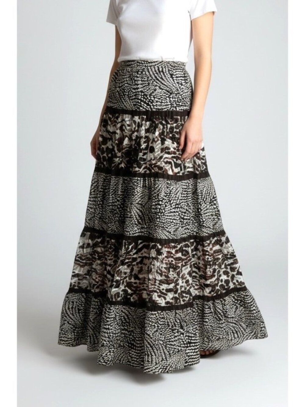 Chico’s Brown Animal Print Tiered Maxi Skirt Silk Rayon Boho Size 1 M/L